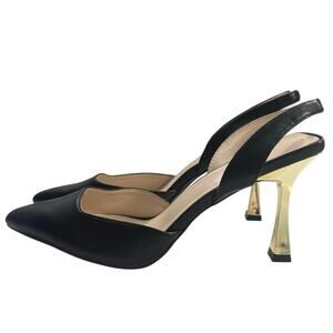 H by Halston Gala metallic kitten heel black faux leather slingback size 9 chic